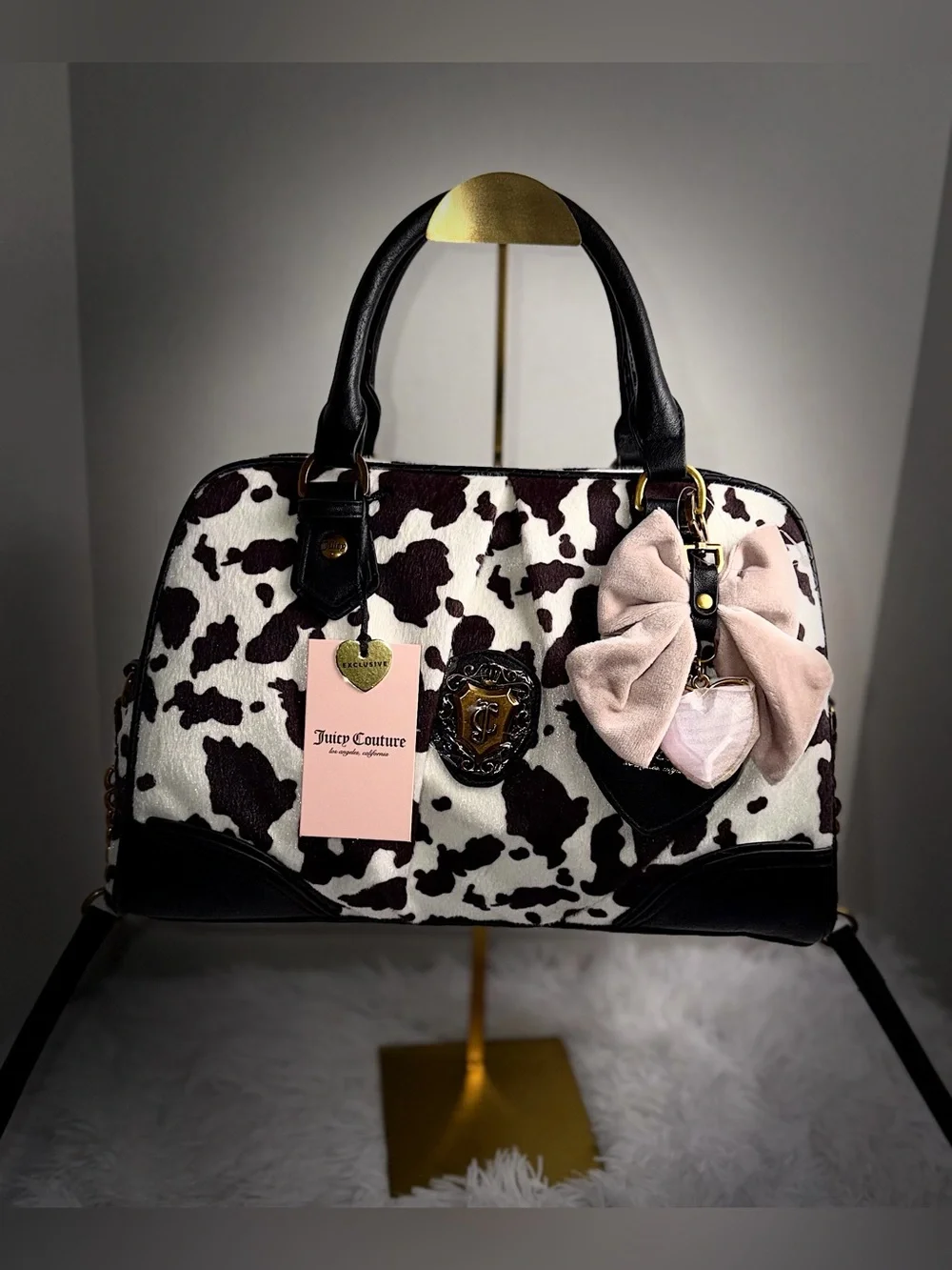 Juicy Couture Black & White Cow Print Satchel with Pink Bow Charm